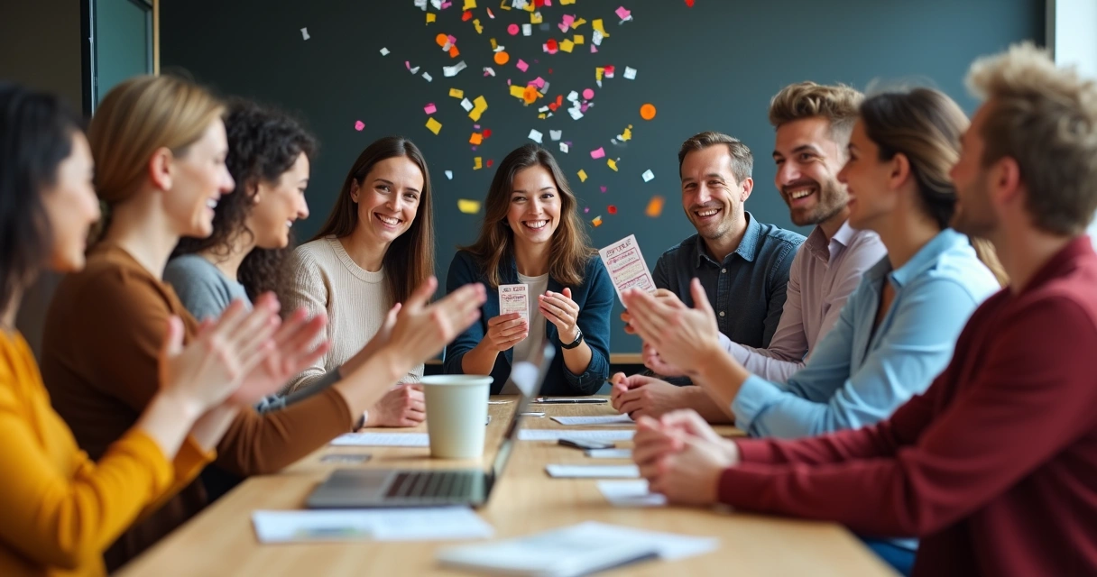 Grupo de pessoas comemorando juntos em uma mesa com cartelas de loteria 