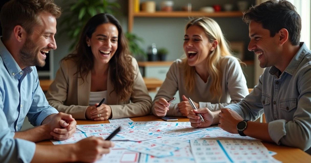 Grupo de pessoas felizes segurando cupons de bolão da Mega-Sena 