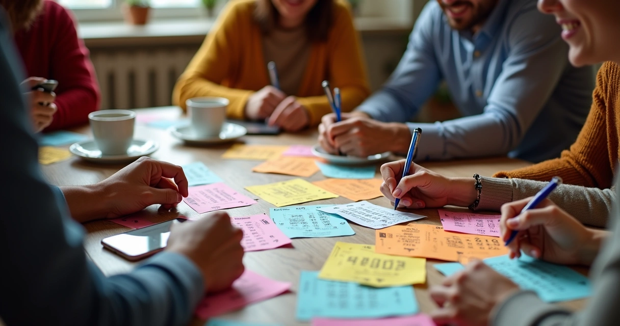 Apostadores reunidos analisando cartões de loteria 