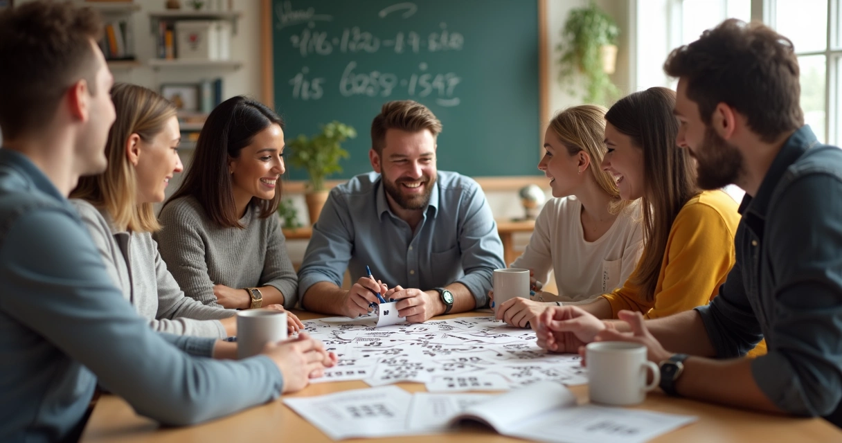 Pessoas reunidas ao redor de uma mesa fazendo apostas de bolão de loteria 