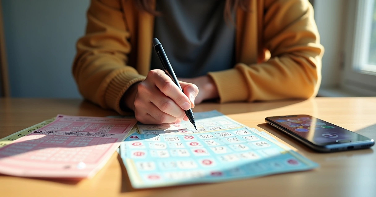 Pessoa preenchendo bilhete da Quina com múltiplos cartões e caneta 