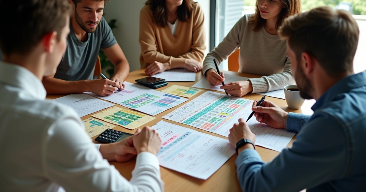 Grupo de pessoas reunidas analisando bilhetes da Quina em uma mesa 