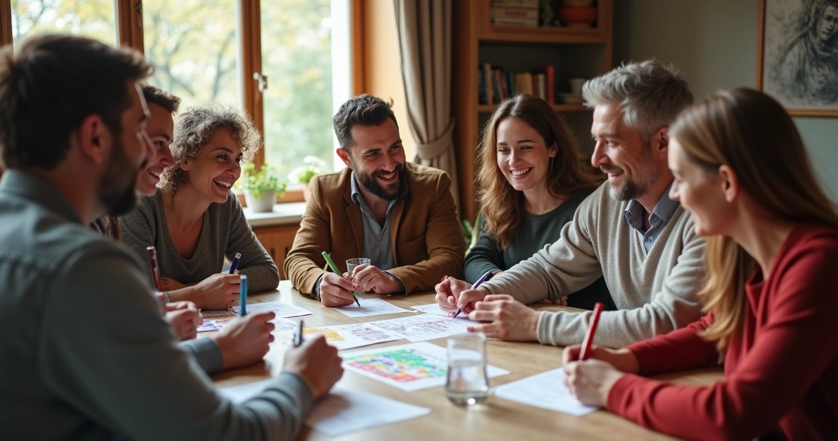 Grupo de pessoas sorrindo reunidos em volta de uma mesa com volantes de loteria 