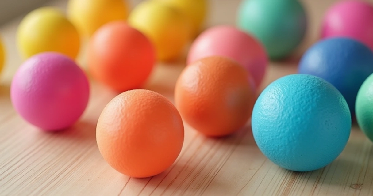 Bolas de Kegel coloridas sobre mesa de madeira clara 