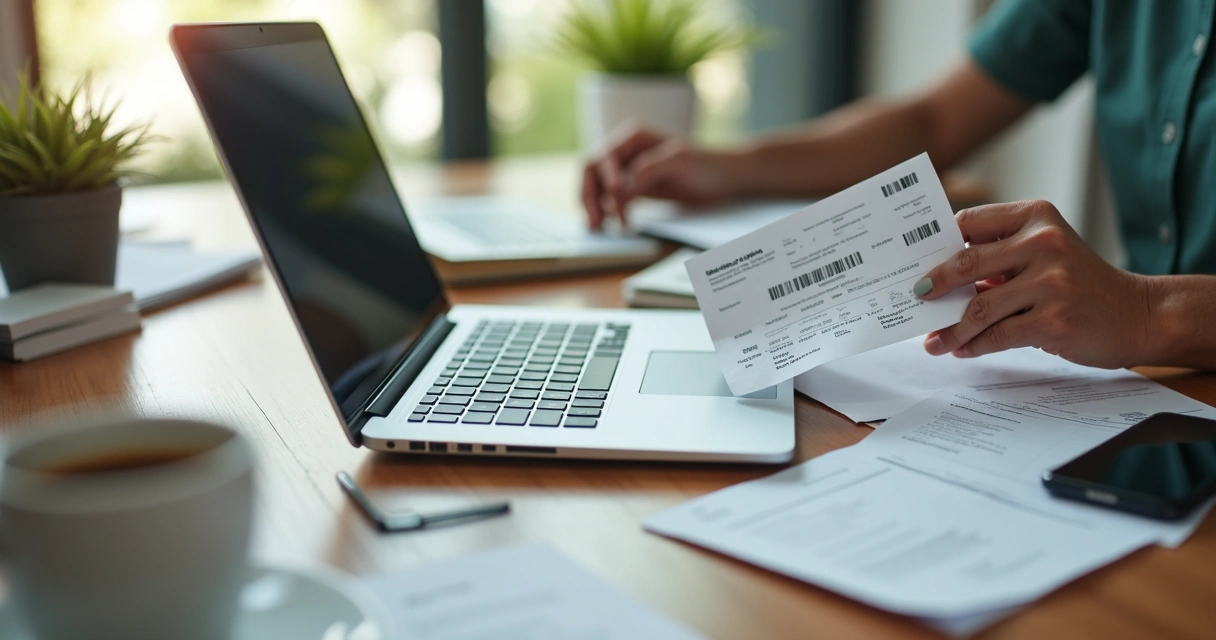 Pessoa imprimindo boleto bancário ao lado de notebook 