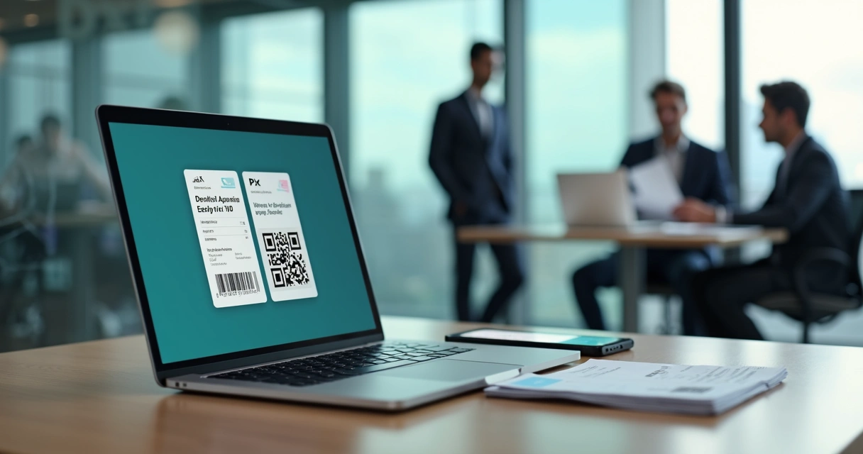 Tela de notebook exibindo boleto híbrido com código de barras e QR Code Pix ao lado 