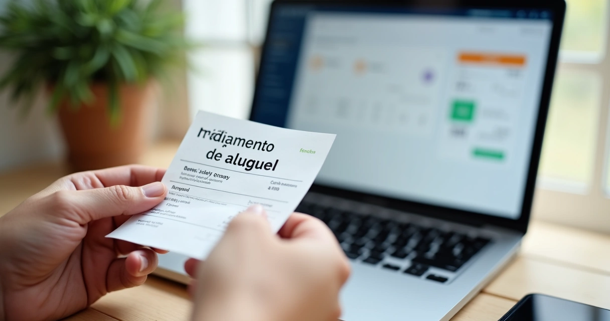 Pessoa segurando um boleto de pagamento de aluguel com computador ao fundo