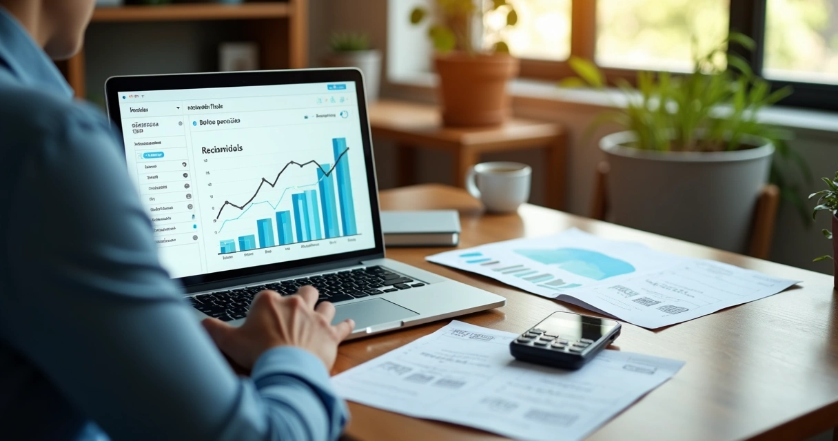 Empresário analisando vendas em boleto parcelado no notebook com gráficos de crescimento 