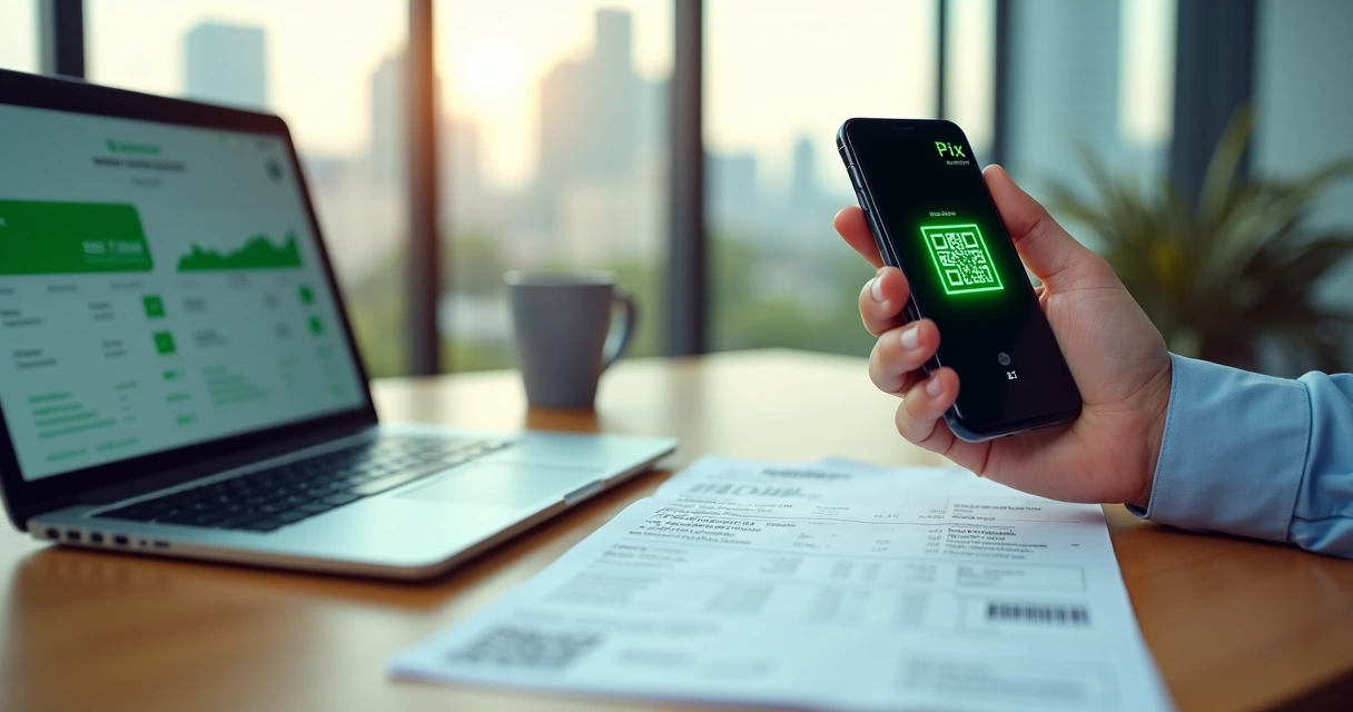 Empresário escaneando QR Code Pix em boleto impresso sobre mesa de escritório 