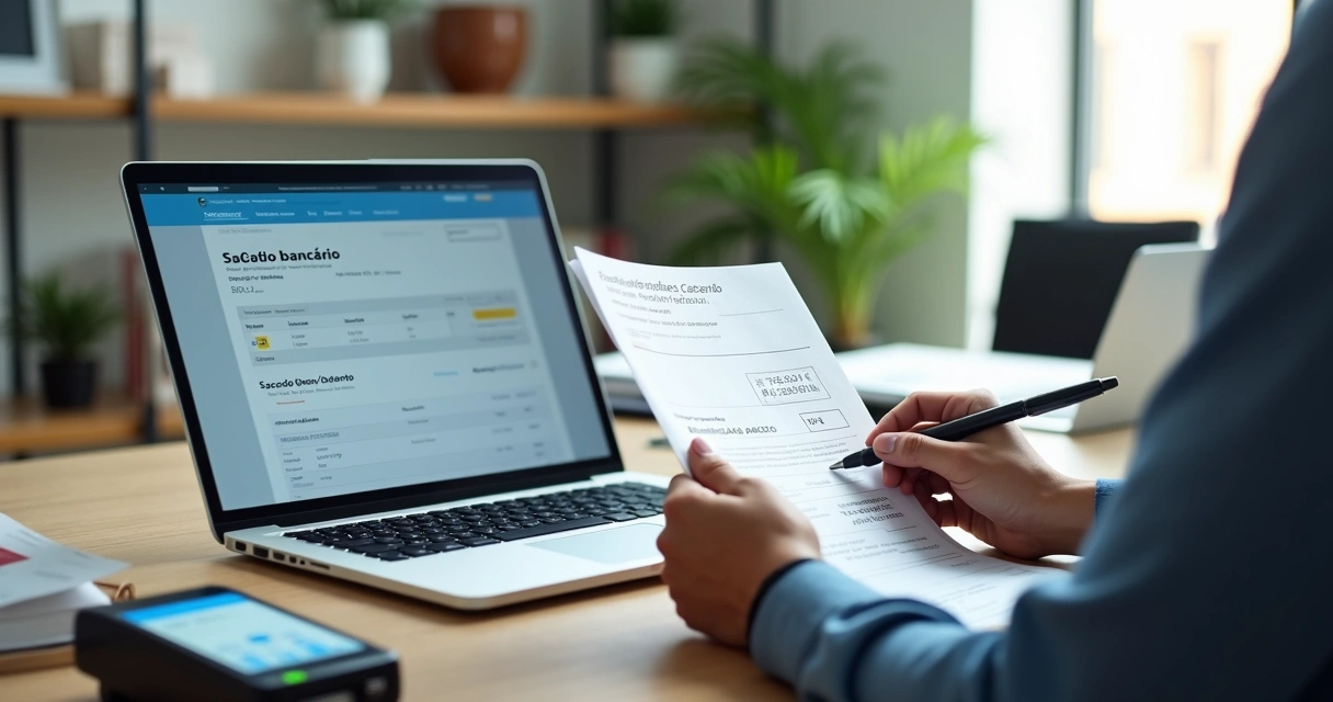 Empresário analisando boleto bancário em laptop com destaque para campos de sacador avalista e beneficiário 