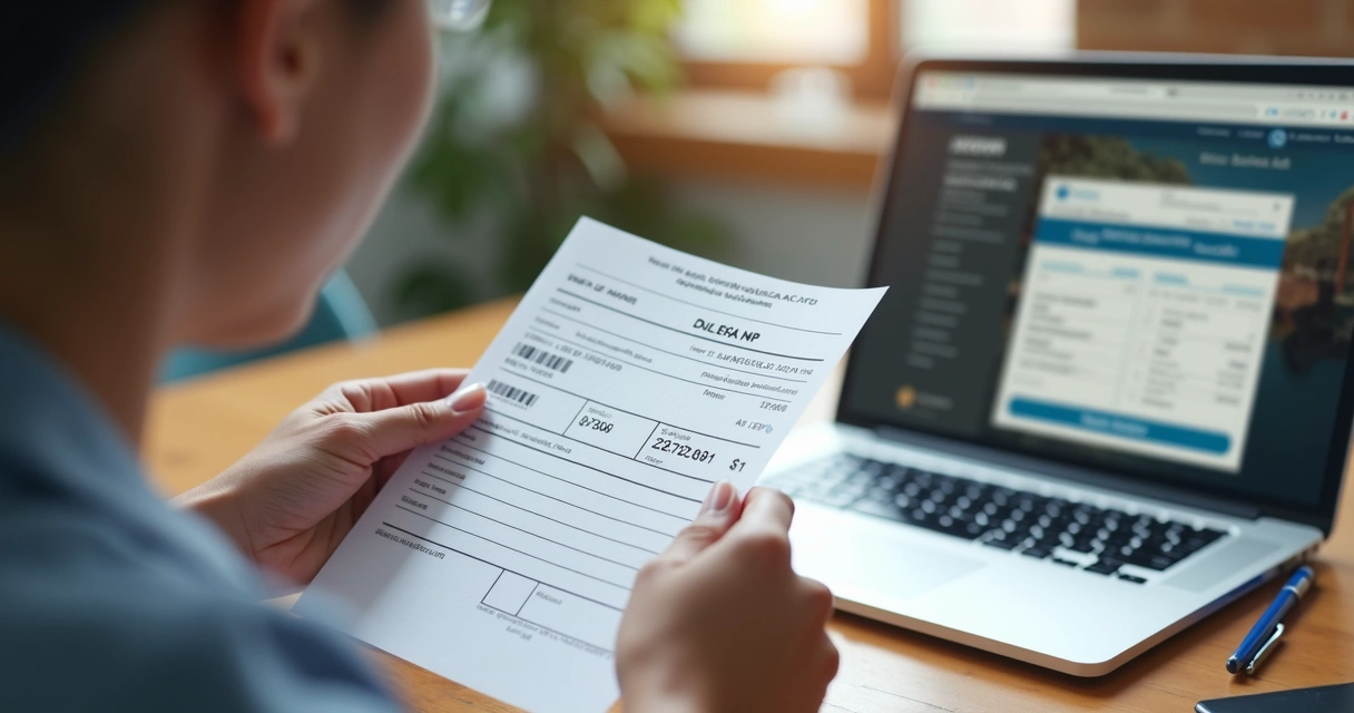 Pessoa verificando boleto bancário no computador com detalhes do código de barras e dados visíveis 