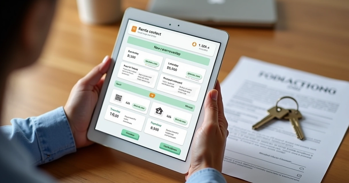 Boletos de aluguel digitais em tela de tablet, mão segurando e QR Code na imagem