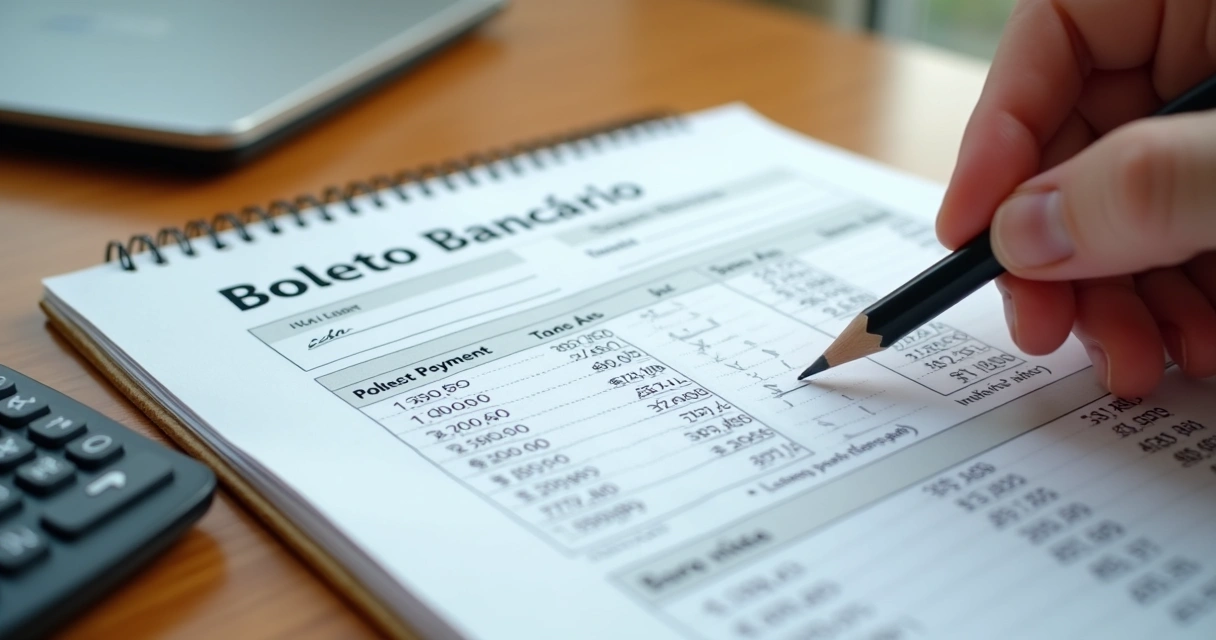 Cálculo manual de juros em boleto papel sobre mesa de madeira 