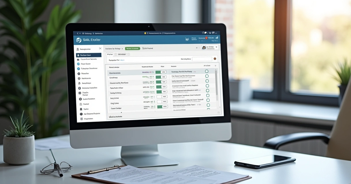 Tela de computador mostrando sistema de gestão imobiliária com geração automática de boletos e Pix 