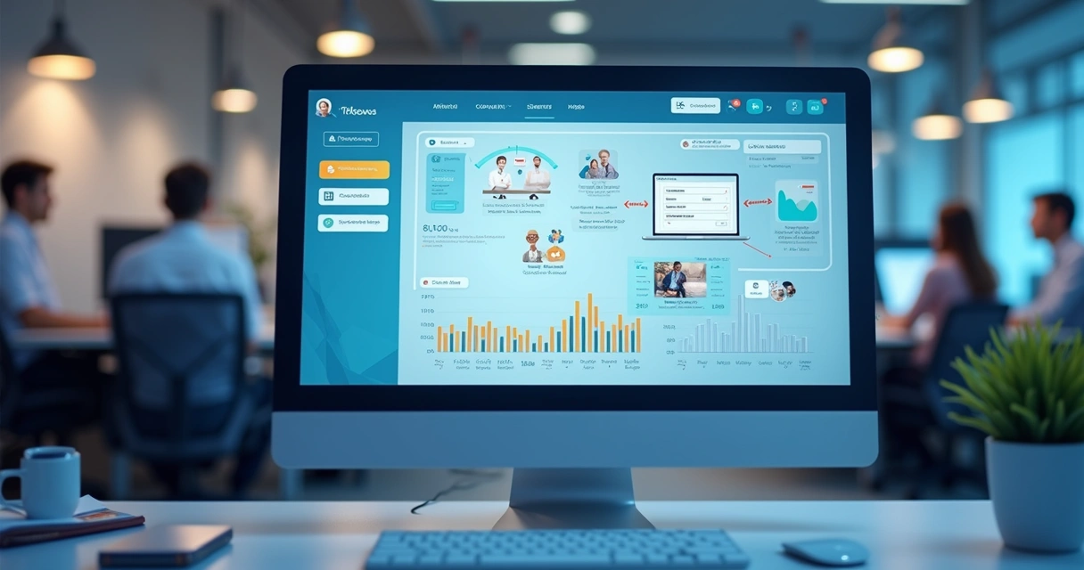 Painel digital mostrando boletos sendo enviados por e-mail, WhatsApp e outros canais no escritório de uma pequena empresa 