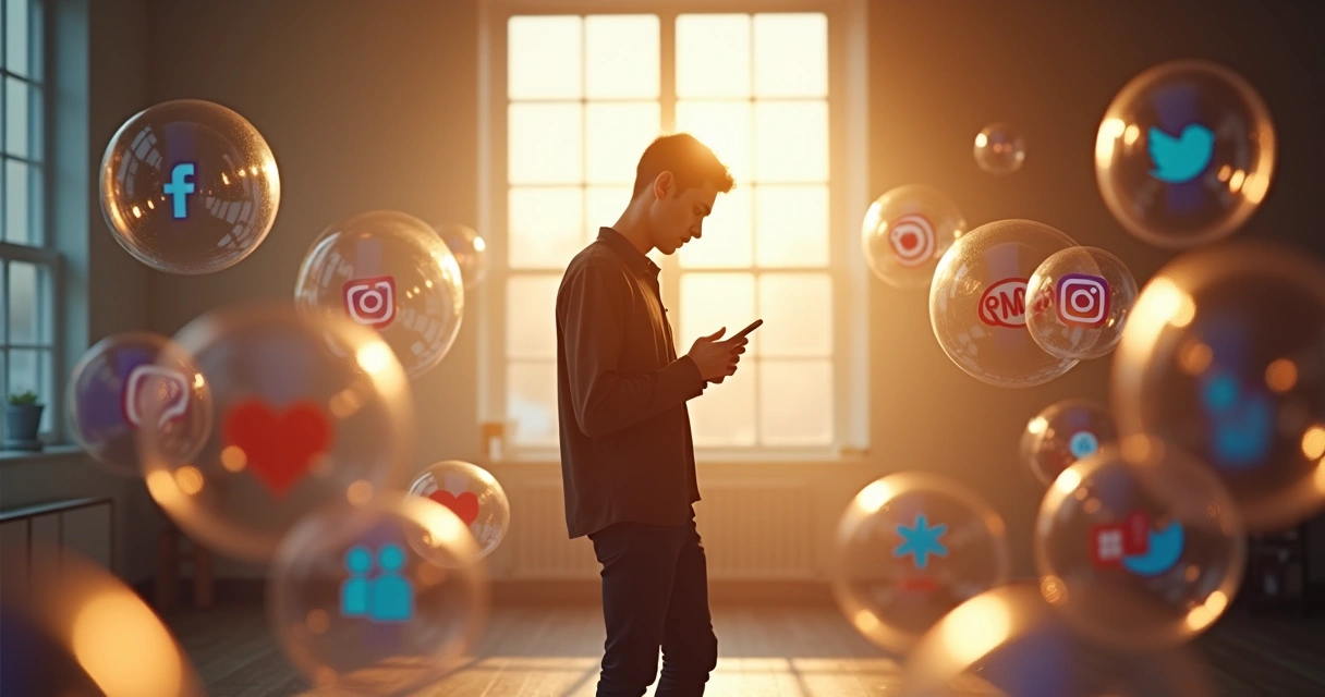 Indivíduo cercado por bolhas transparentes com símbolos de redes sociais flutuando 