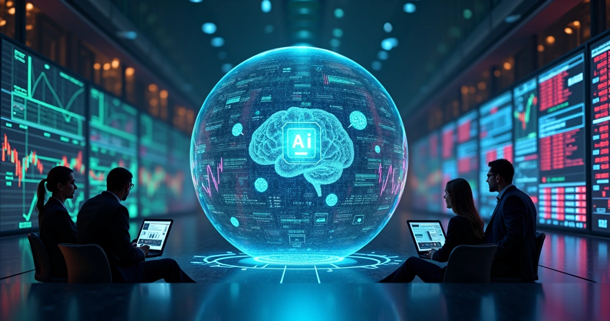 Ilustração de bolha de IA conectada a gráficos financeiros e ícones de CRM 
