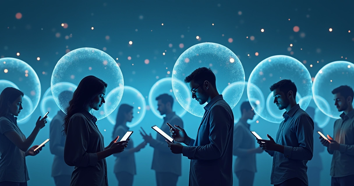 Ilustração de pessoas separadas por bolhas translúcidas, cada uma usando dispositivos digitais, sugerindo isolamento informativo 