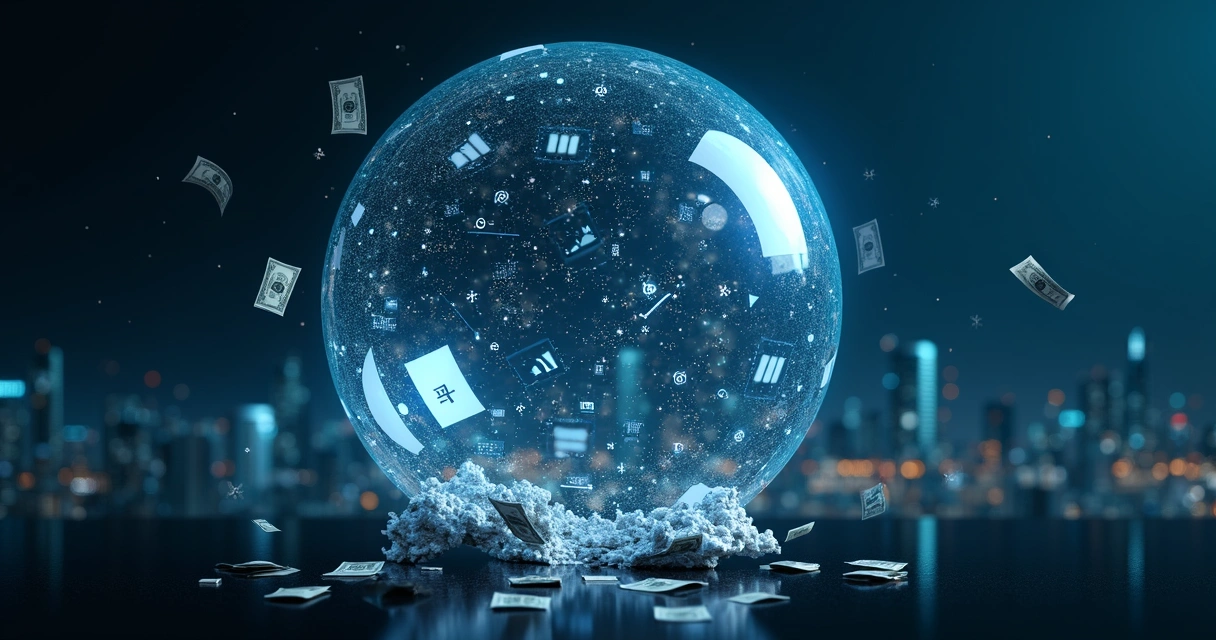 Bolha de tecnologia digital com ícones de investimento explodindo 