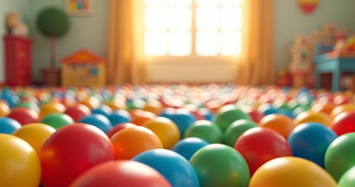 Bolinhas coloridas distribuídas em uma piscina de bolinhas em ambiente infantil 