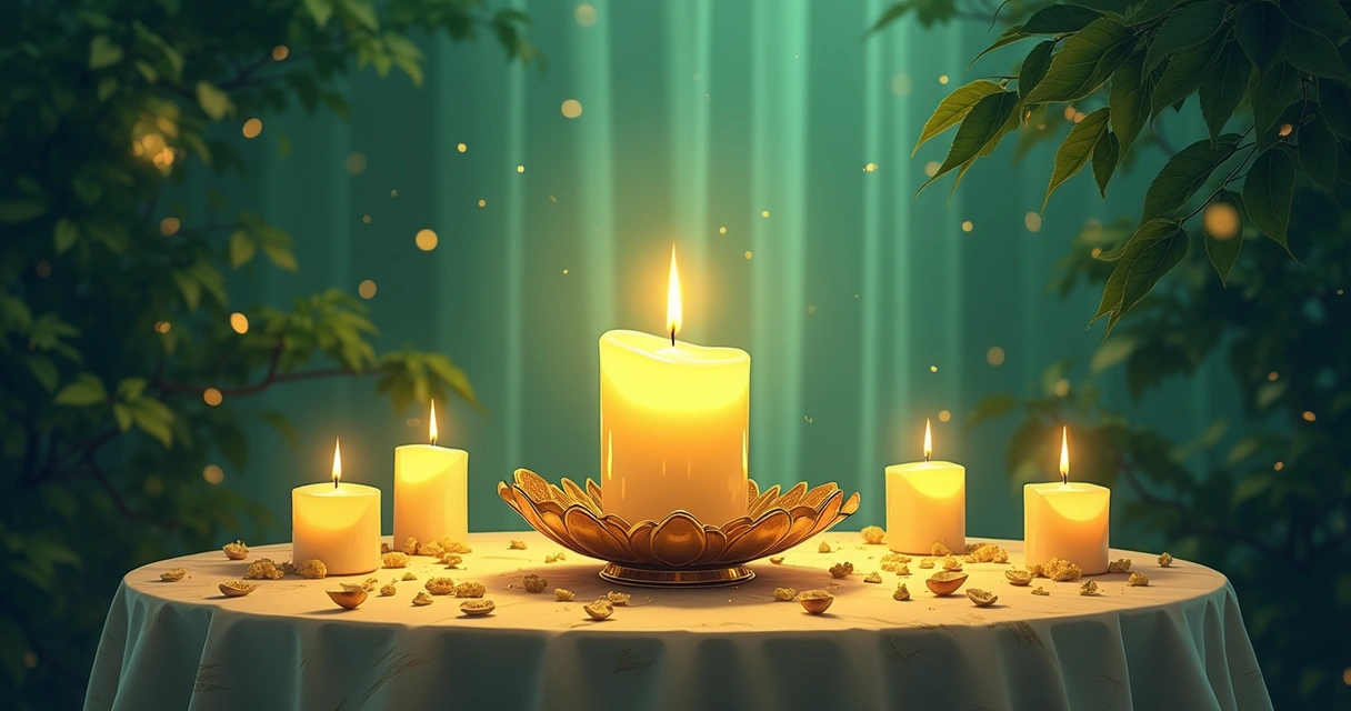 Bolo decorado com moedas e vela verde, simbolizando energia positiva e atração de riqueza.