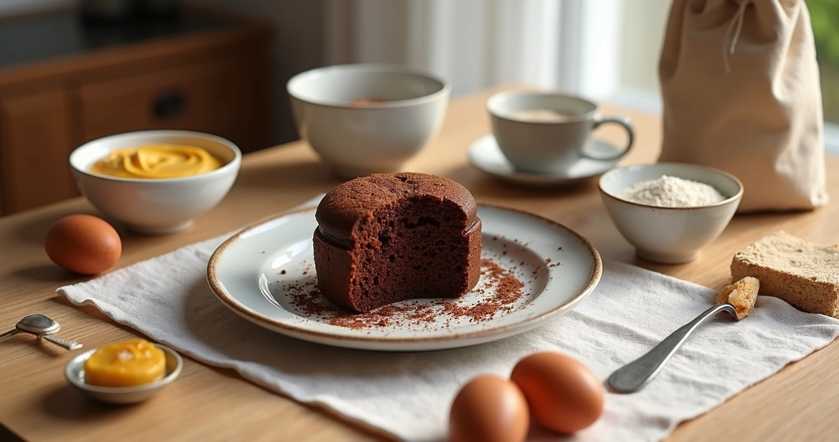 Bolo cortado com ingredientes ao redor na mesa 