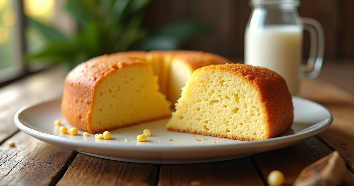 Bolo de fubá cremoso servido em um prato com pedaço cortado 