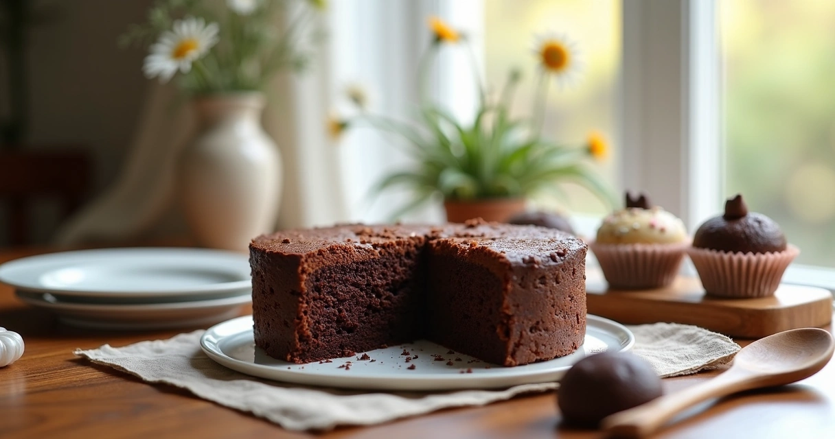 Doces e bolos sobre fundo neutro, luz suave entrando por janela lateral, acessórios simples de confeitaria ao redor