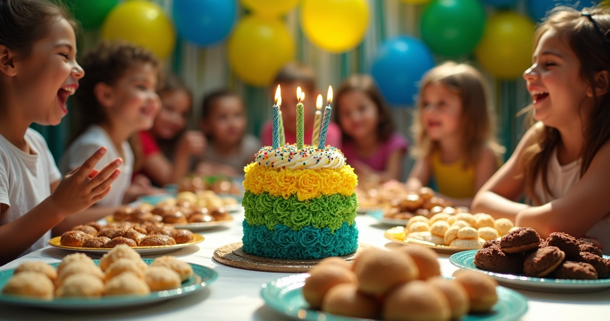 Mesa de festa de aniversário brasileira com bolo decorado e brigadeiros 