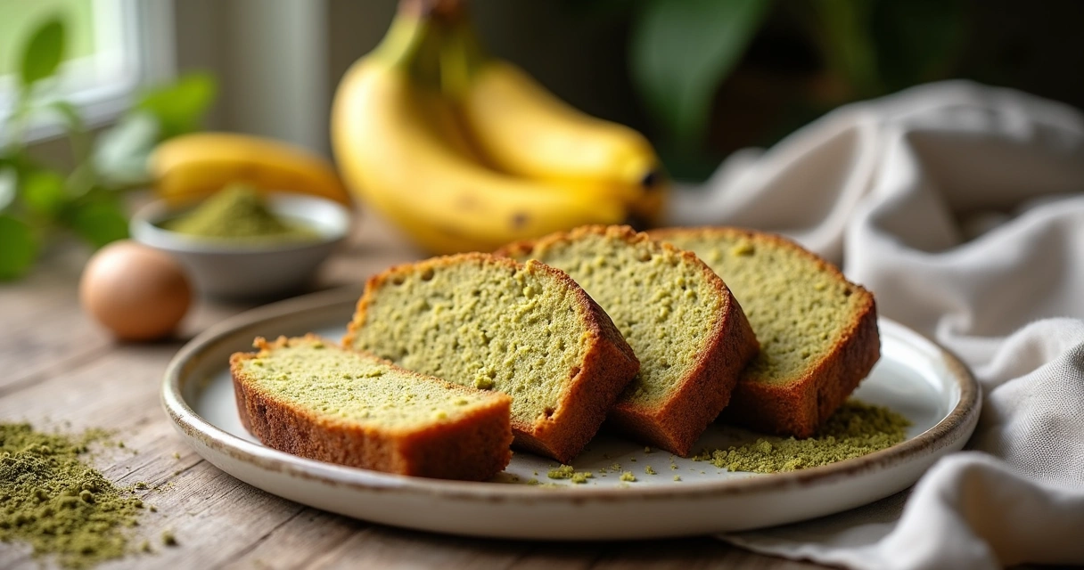 Bolo de banana com moringa em fatias sobre prato claro