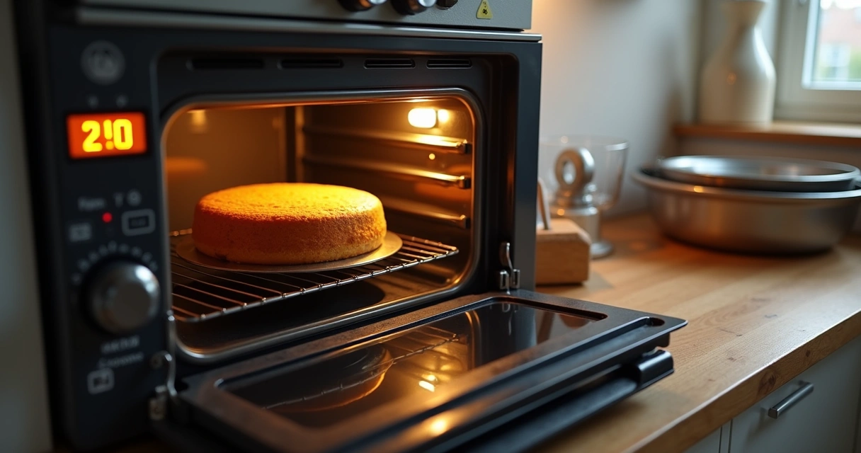 Bolo sendo assado em forno, timer digital ao lado, formas organizadas 