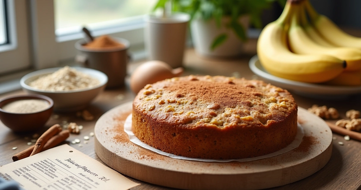 Bolo de proteína de banana e aveia em uma cozinha iluminada com ingredientes ao redor.