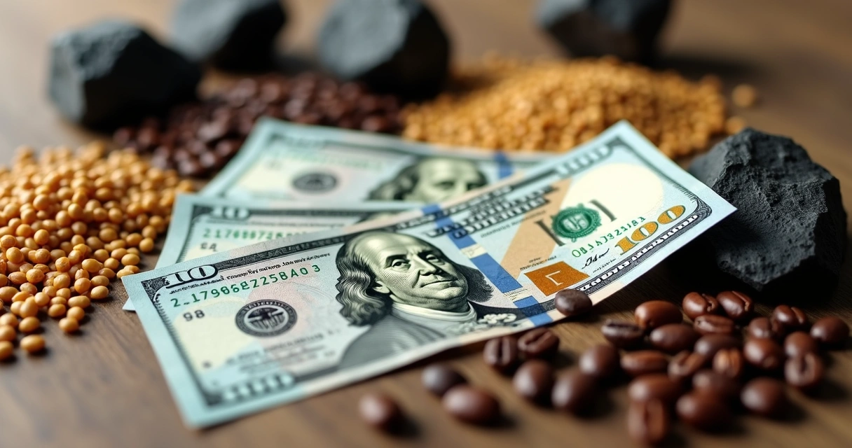 Notas de dólar cercadas por grãos de café e soja em mesa de madeira 