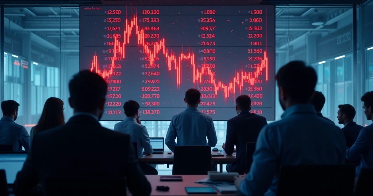 Telão mostra os preços de uma bolsa em queda, com números vermelhos e pessoas preocupadas observando. 