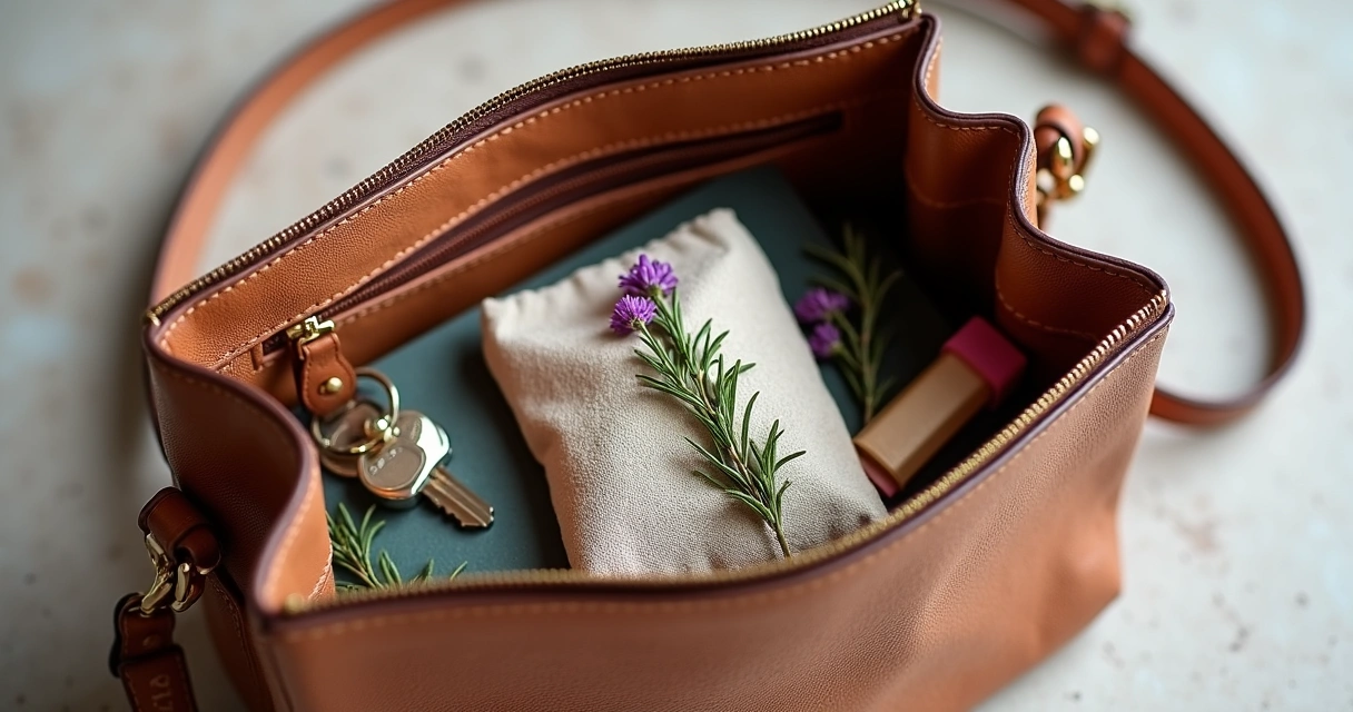 Bolsa aberta mostrando saquinho de ervas com arruda, alecrim e lavanda ao lado de itens pessoais 