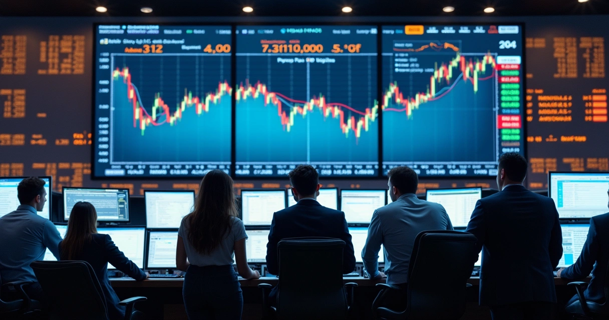 Tela com gráficos de preços de commodities e operadores em bolsa