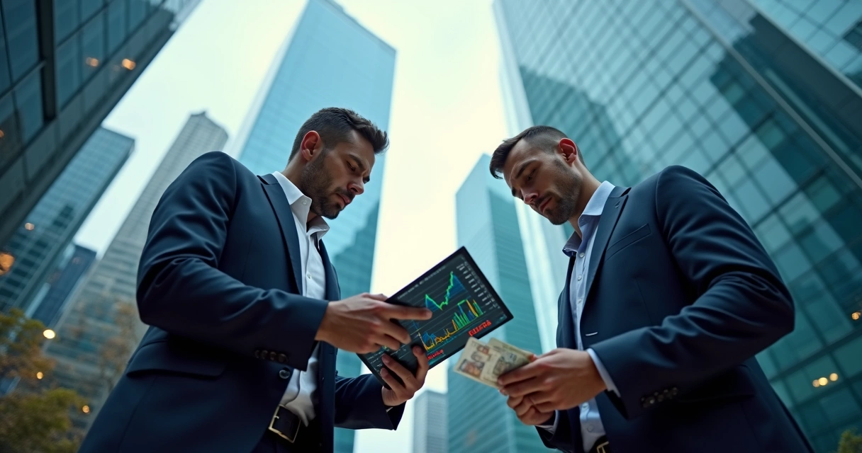 Investidores observando gráficos financeiros em frente a edifícios modernos 