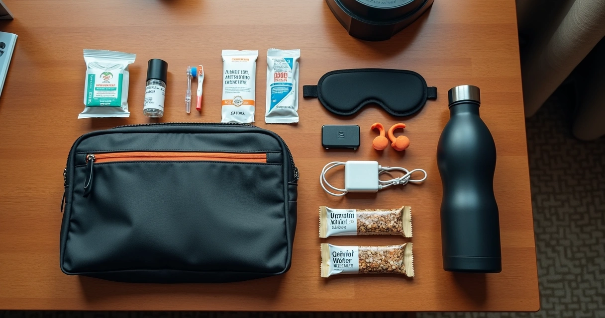 Itens de bolsa de emergência sobre a mesa 