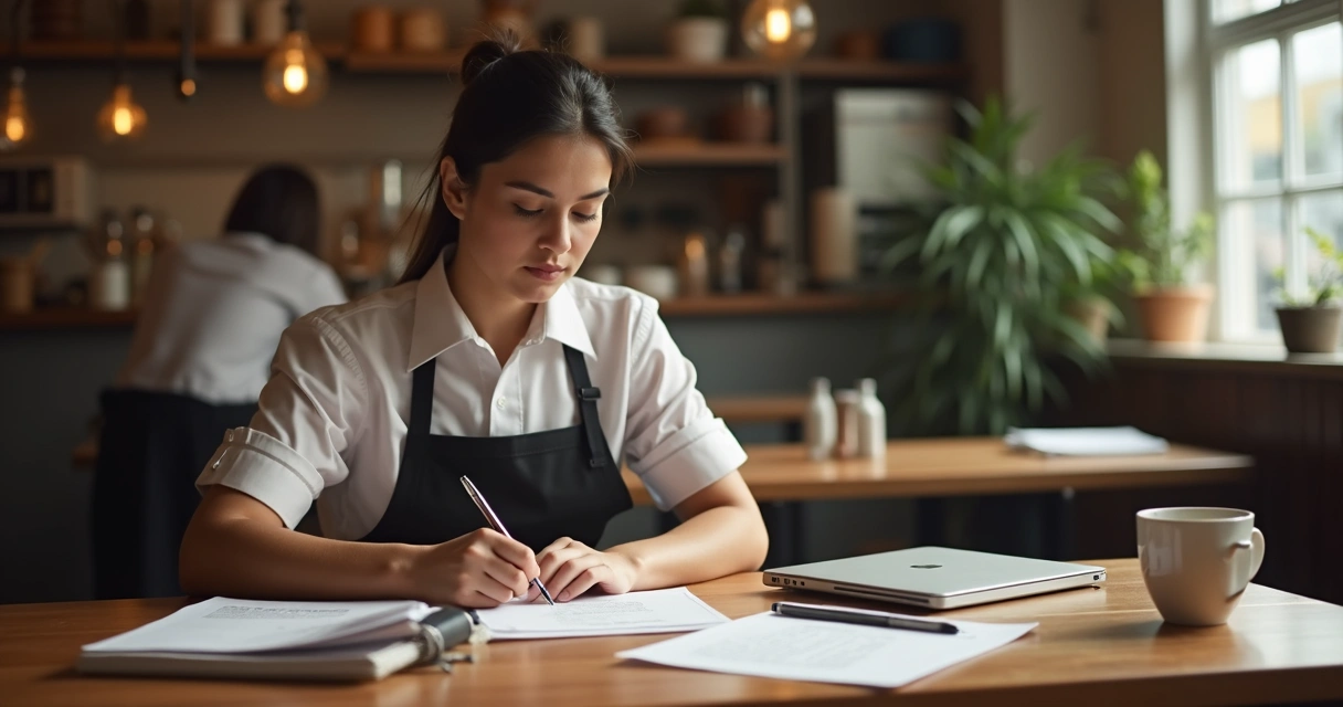 Funcionária de restaurante estudando com uniforme e cadernos em uma mesa 
