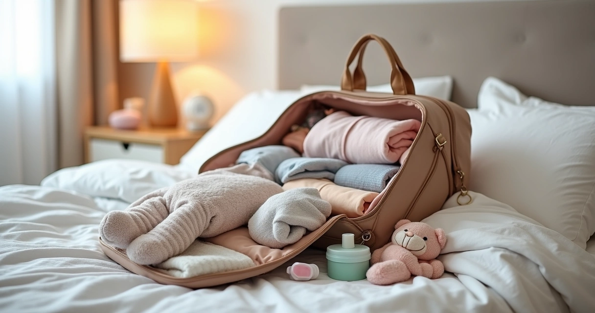 Bolsa de maternidade aberta mostrando roupas de bebê dobradas em uma cama 