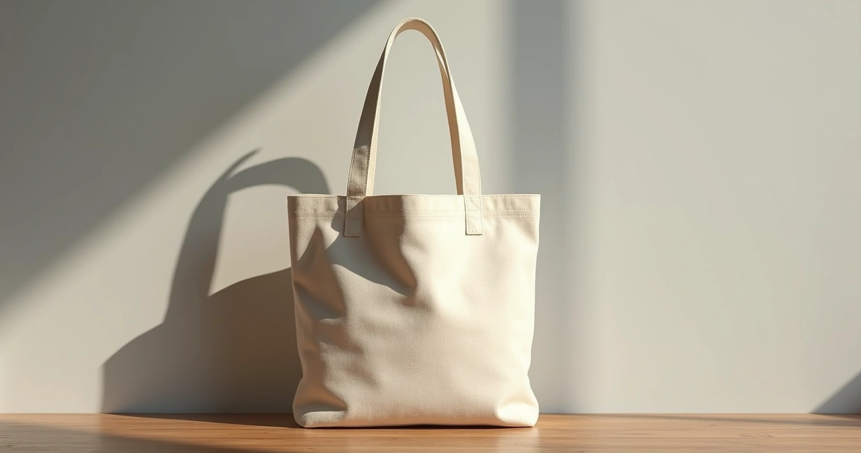 Bolsa de algodão cru personalizada com alça larga em fundo neutro, detalhes do tecido em destaque 