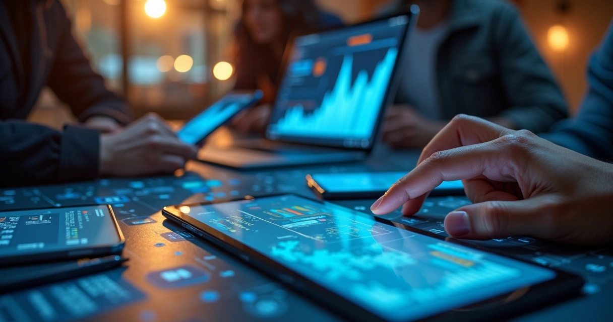 Diversos dispositivos digitais mostrando gráficos 