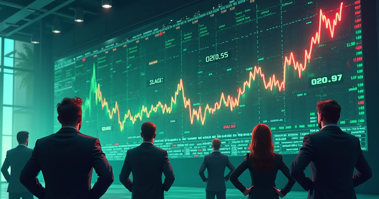 Painel digital mostra variação do dólar com gráficos em verde e vermelho e bandeira dos EUA ao fundo. 