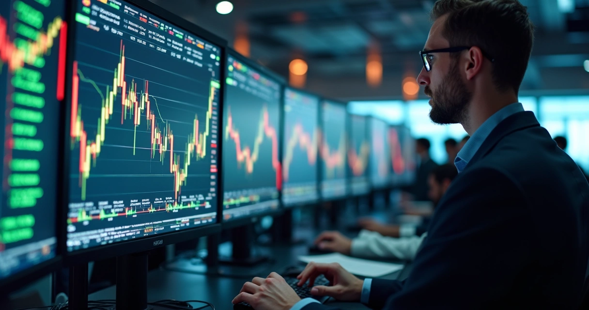Painel de cotações de bolsa com gráficos em alta e queda lado a lado, luz ambiente em tons de azul e laranja 