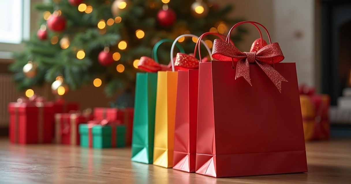 Sacolas de compras com laços e papéis coloridos junto a uma árvore de Natal iluminada. 