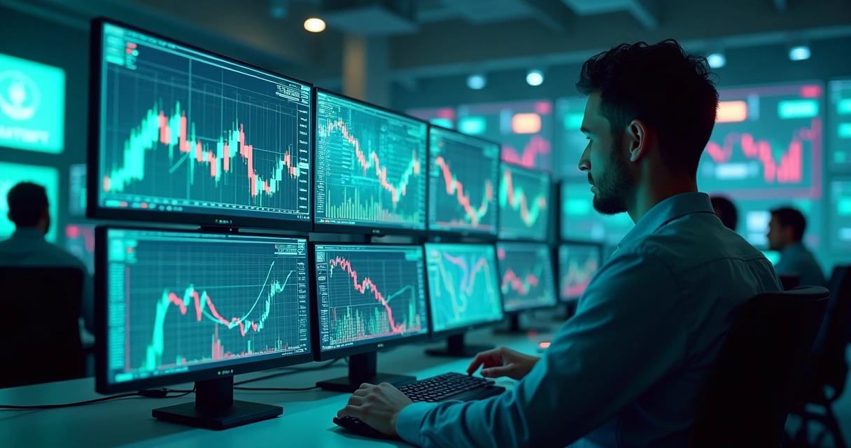 Bolsa de valores digital com computadores mostrando tendências de IA 