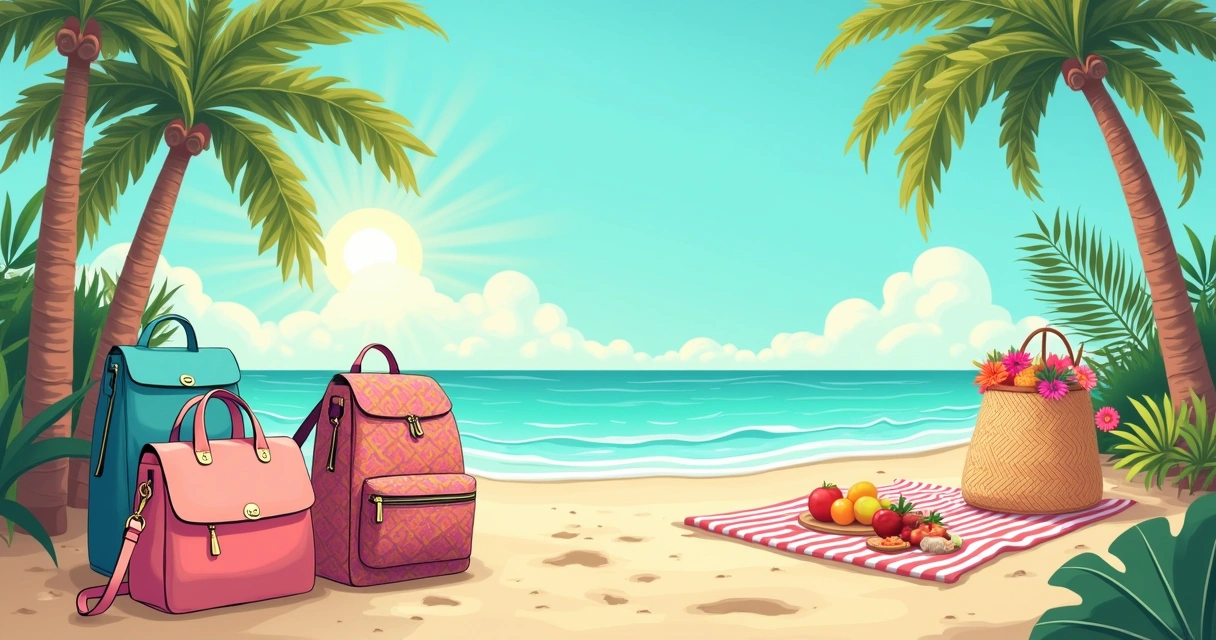 Várias bolsas e mochilas estilosas em um cenário de praia ensolarado, mostrando cores vibrantes e um ambiente descontraído.
