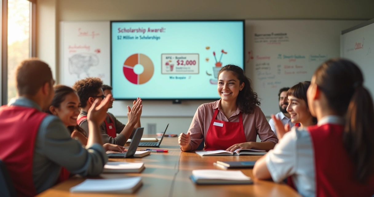 Funcionários de fast-food de avental vermelho comemorando bolsa de estudos em sala de aula 