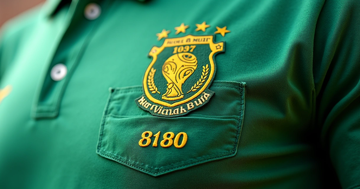Detalhe de bolso bordado verde e amarelo em camiseta temática da Copa
