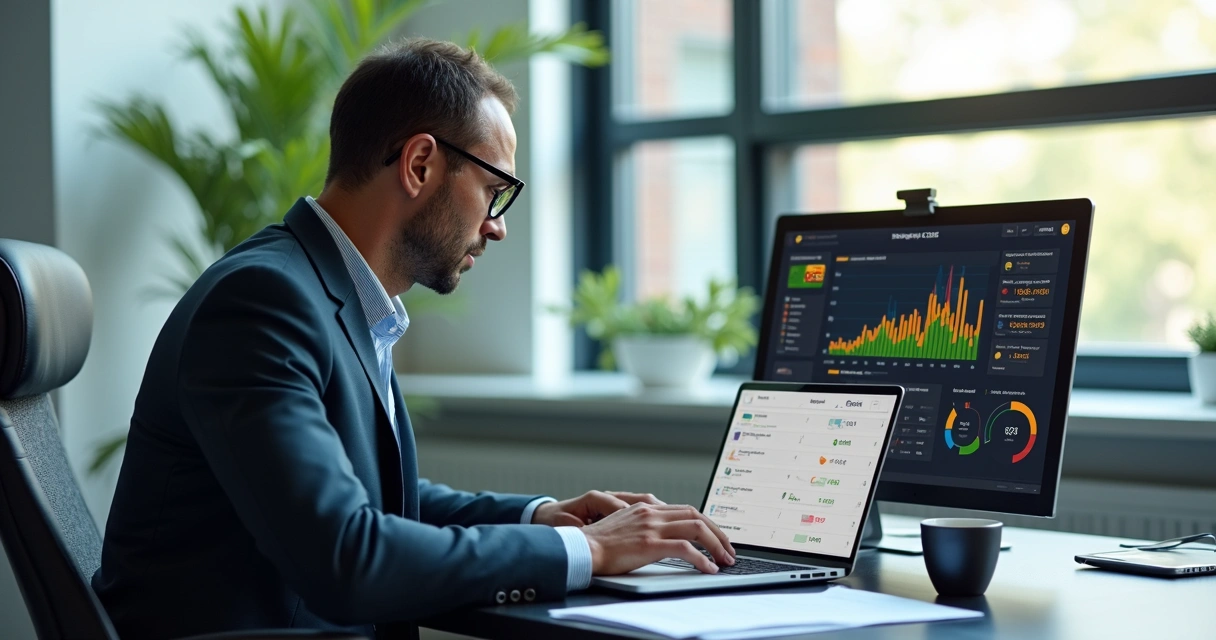 Empresário feliz revisando dashboard financeiro em laptop na mesa do escritório 
